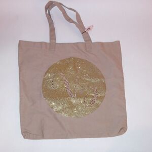 Victoria's Secret Beige Limited Edition Gold Glitter Canvas Studded Tote Bag